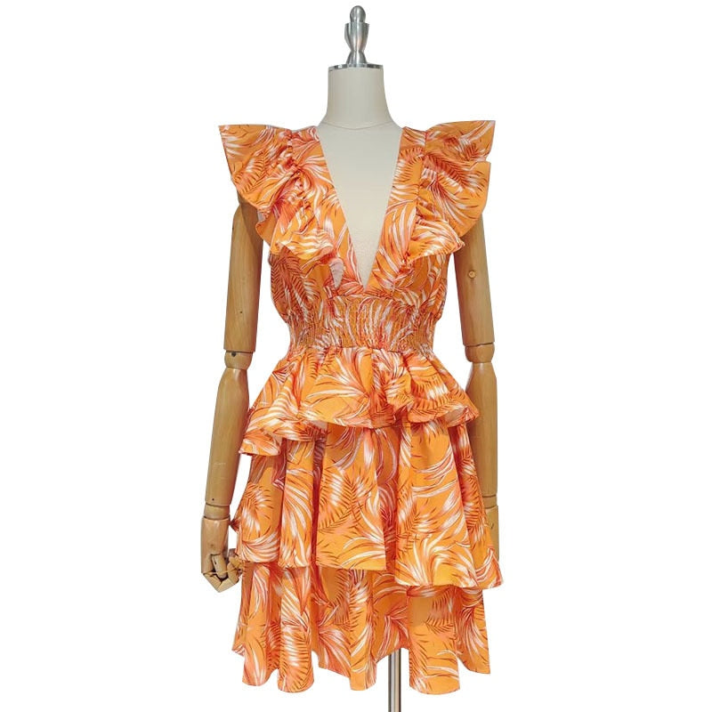 Ruffled Tropical Mini Dress in colors