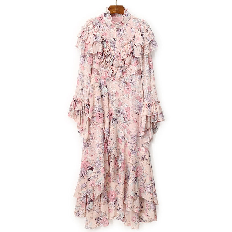 CARMINA Pastel Florals Ruffled Midi Dress