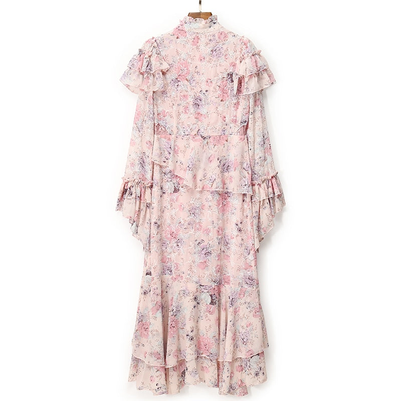 CARMINA Pastel Florals Ruffled Midi Dress