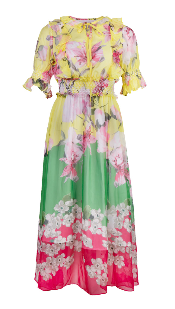 AMOR Tri-color Floral Print Midi Dress
