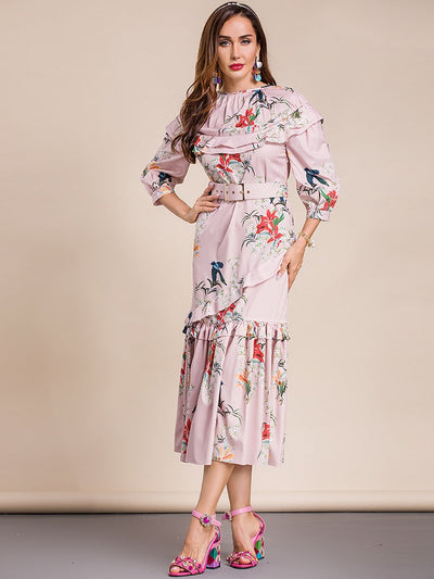 ARIELLE Classy Floral Print Midi Dress