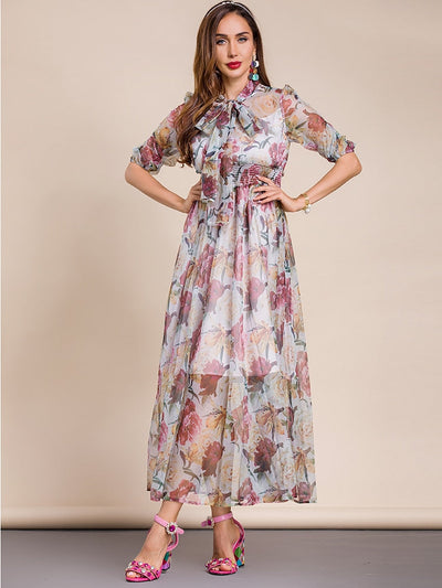 DIXIE Floral Print Smocked Waist Maxi Dress