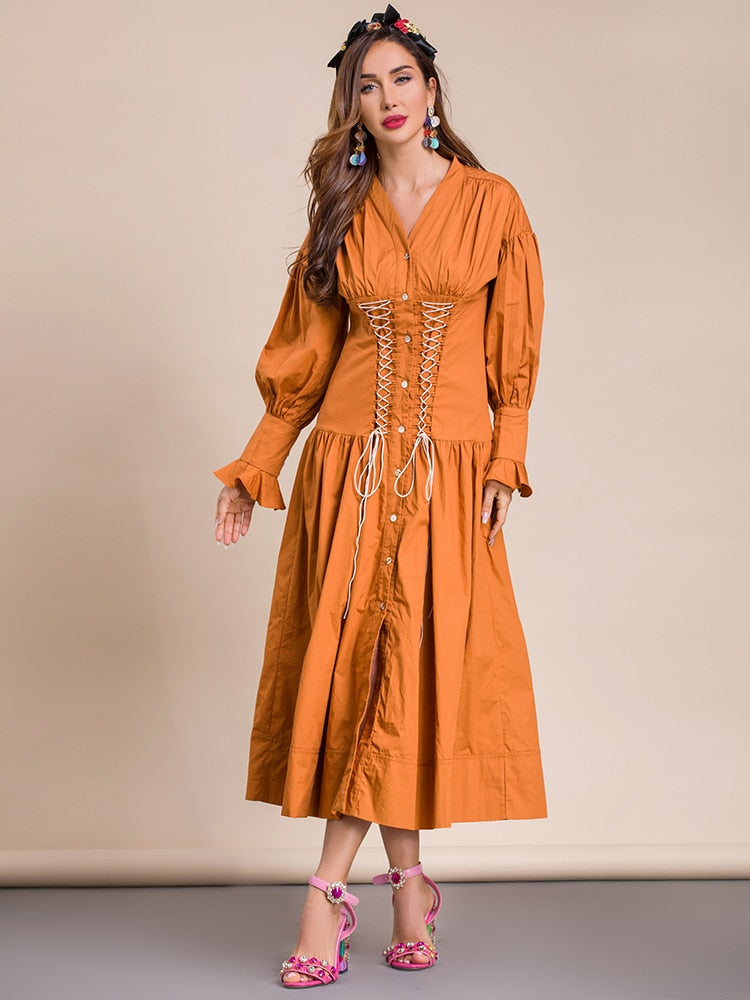 NERI Button-down Drawstring Midi Dress