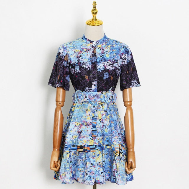 Printed Button-front Belted Mini Dress