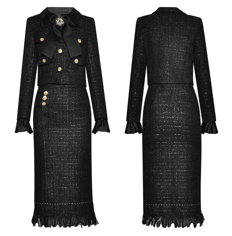 Fringe Hem Tweed Blouse & Skirt Set