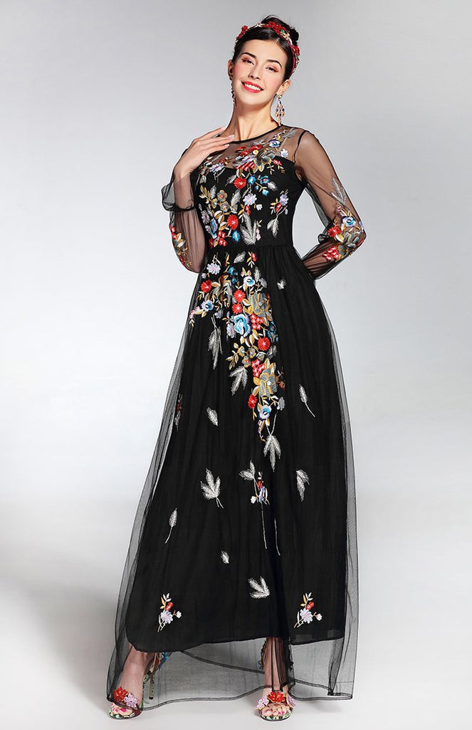 Embroidered black maxi dress with mesh sleeves