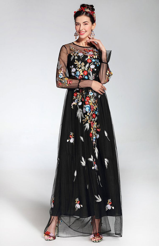 Embroidered black maxi dress with mesh sleeves