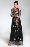 Embroidered black maxi dress with mesh sleeves