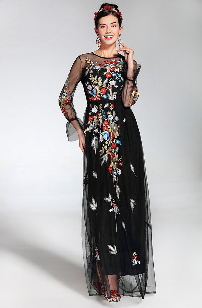 Embroidered black maxi dress with mesh sleeves