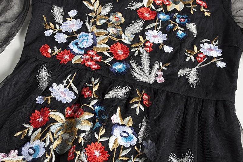 Embroidered black maxi dress with mesh sleeves