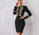 AHOY bodycon black mini dress with golden yellow patchwork-mini dress-Primetime Looks