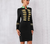 AHOY bodycon black mini dress with golden yellow patchwork