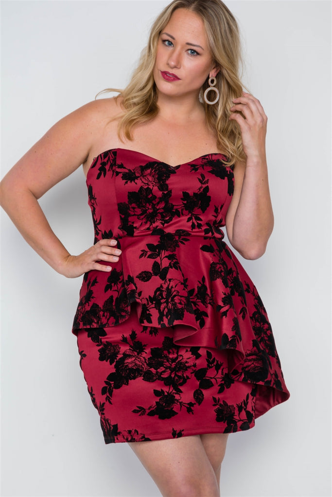 Strapless Floral Sweetheart Mini Dress in red