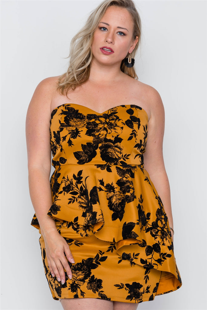 Strapless Floral Sweetheart Mini Dress in mustard yellow