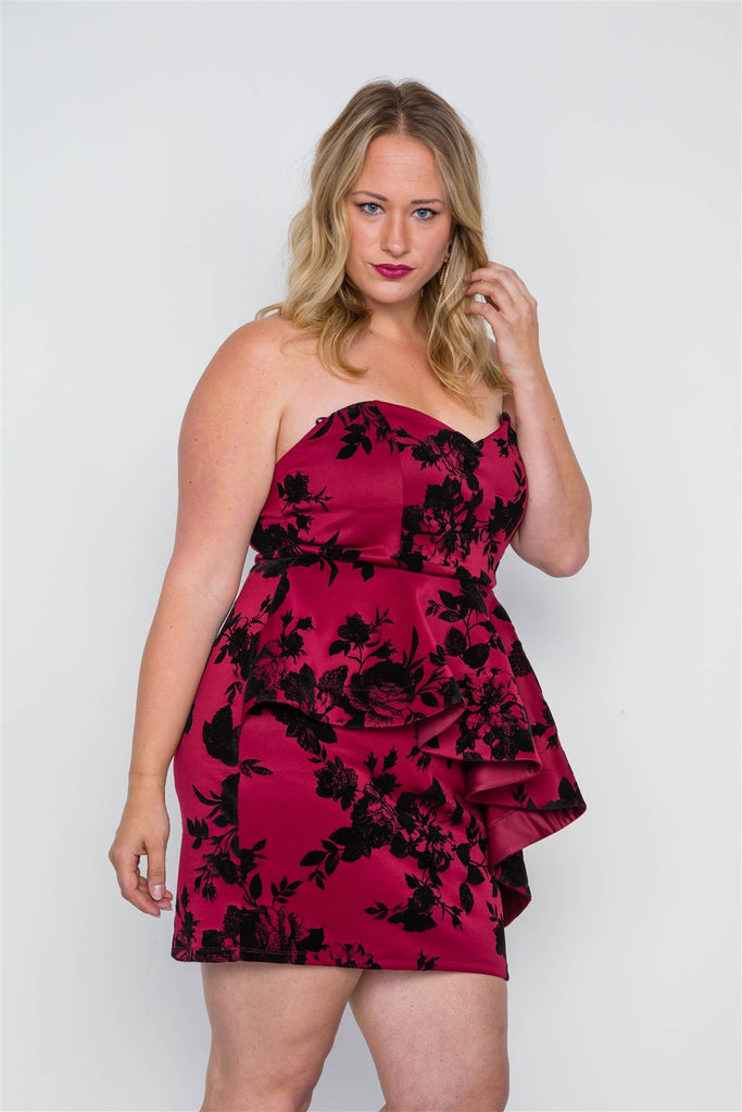 Strapless Floral Sweetheart Mini Dress in red