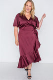 Plus Size Satin Flounce Dress in burgundy red