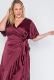 Plus Size Satin Flounce Dress in burgundy red