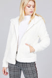 Hooded Side Pocket Faux Fur Zip-up Jacket