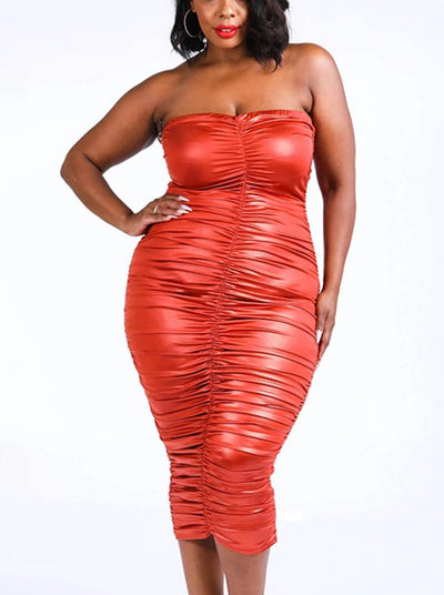 Foiled Ruched Tube Midi Dress-Primetime Looks