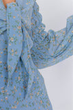 Minimalist Floral Tiered Cinched Lantern Sleeve Midi Dress
