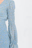 Minimalist Floral Tiered Cinched Lantern Sleeve Midi Dress