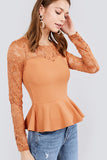 Long Sleeve Round Neck Lace Detail Peplum Knit Top