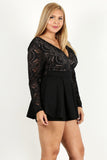 Duo Fabric Romper With Lace Detail, Peplum Bodice, And V-neckline