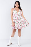 Plus Size Off White V-neck Floral Criss Cross Open Back Mini Dress