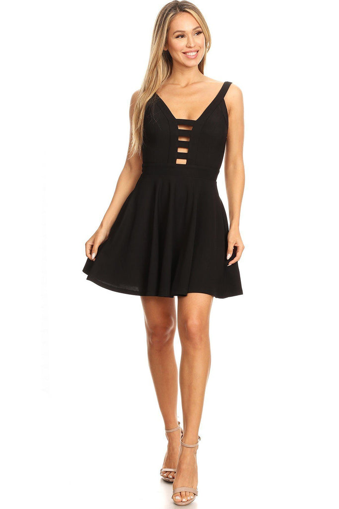 Solid Fit And Flare Dress With Back Zipper Closure, Cutouts, And Spaghetti Straps