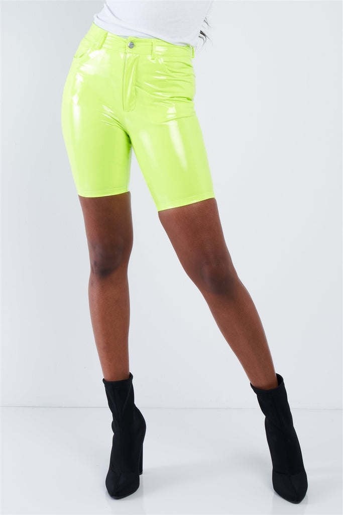 Neon Lime Green Faux Leather Biker Shorts