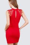 Sleeveless W/shoulder Lace Patch Open Back Button Closure Stretch Knit Mini Dress