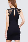 Sleeveless W/shoulder Lace Patch Open Back Button Closure Stretch Knit Mini Dress