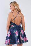 Plus Size Tropical Print Square Neckline Strappy Open Back Flare Mini Dress