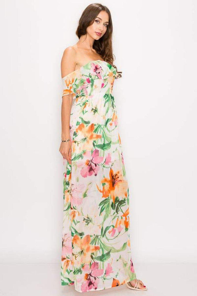 Floral Print Ruffled Off Shoulder Maxi Dress