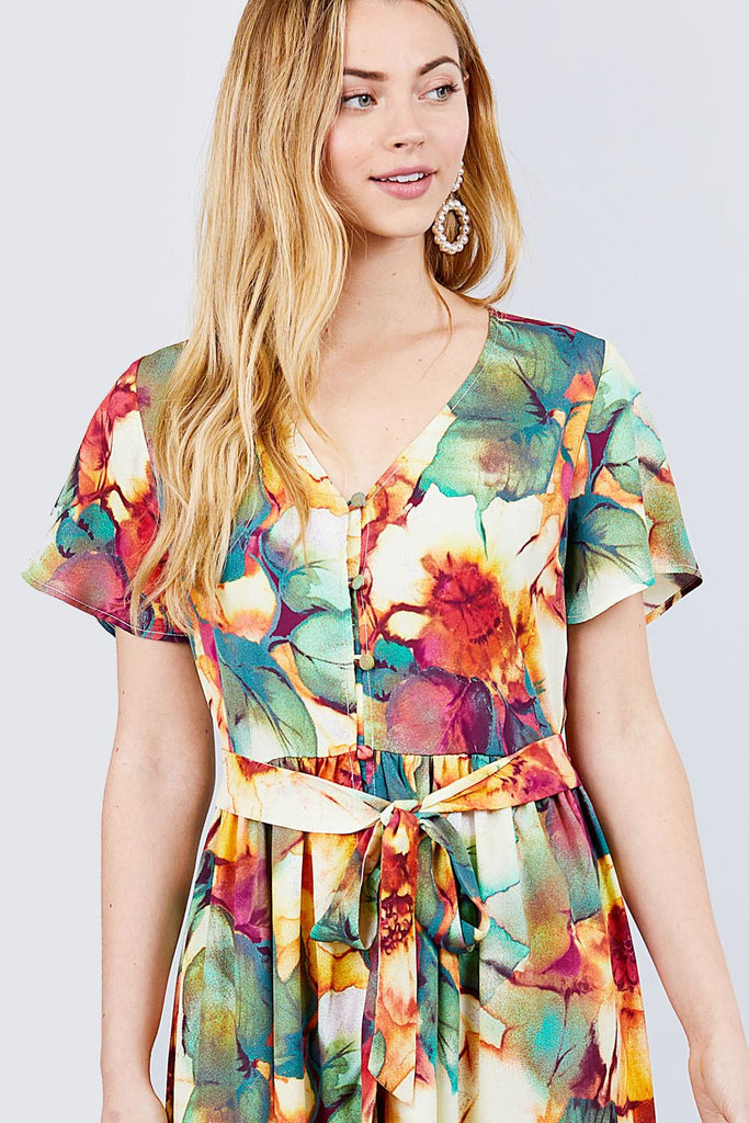 Short Sleeve V-neck Button Down Belted Print Woven Maxi Dress
