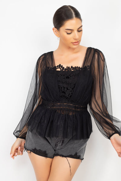 Sheer Mesh Peplum Top in black
