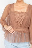 Sheer Mesh Peplum Top in coffee beige