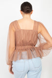 Sheer Mesh Peplum Top in coffee beige