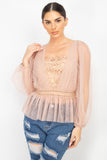 Sheer Mesh Peplum Top in beige