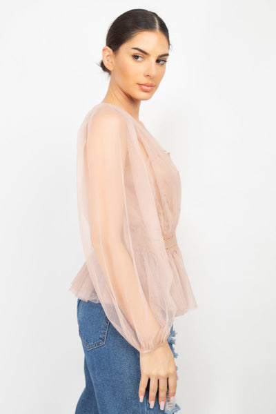 Sheer Mesh Peplum Top in beige