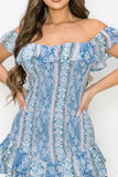 Python Ruffled Off Shoulder Smocked Mini Dress