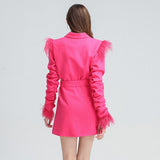 Feathered blazer dress with ruched sleeves in colors