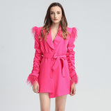 Feathered blazer dress with ruched sleeves in colors