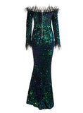 MALACHITE off-shoulder sequinned gown