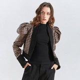 Houndstooth puff-sleeve jacket in brown