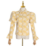 Puff-sleeve floral embroidered blouse