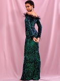 MALACHITE off-shoulder sequinned gown