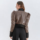 Houndstooth puff-sleeve jacket in brown