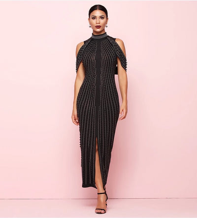 Embellished cold-shoulder maxi dress