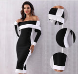 Duchess off-shoulder black and white midi dress